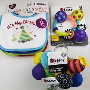 2 Sassy Toys and 6 Parents Choice Bibs Bundle
